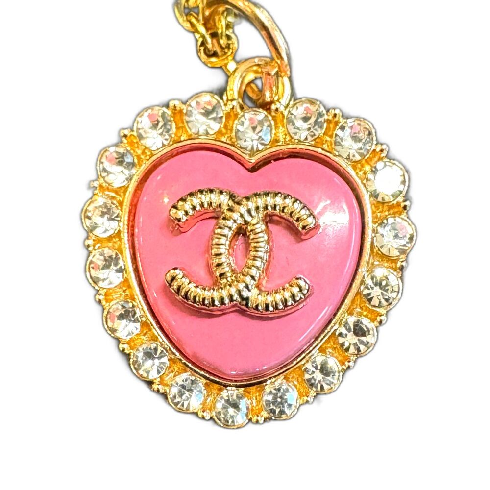 Chanel 'Heart' Charm Upcycled Necklace in Pink and Rhinestone - Upcycled